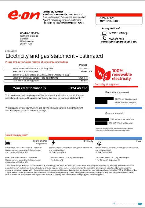United Kingdom E.ON business utility bill template in Word and PDF formats, version 4